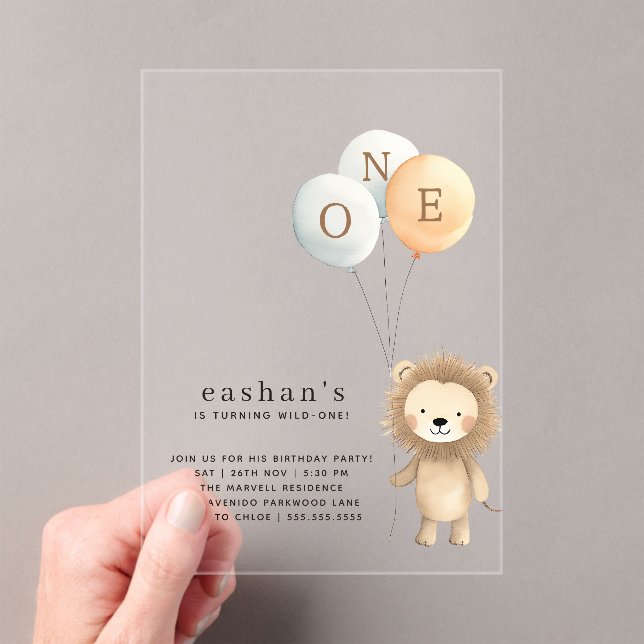 Simple Minimalist Cute Little Lion 1st Birthday Acrylic Invitations (Insitu (Handheld))