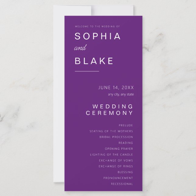 Simple Minimalist Dark Purple Wedding Program (Front)