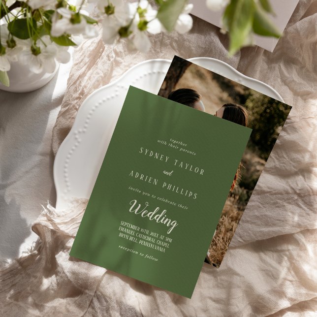 Simple Minimalist|Dark Sage Photo Informal Wedding Invitation (Creator Uploaded)
