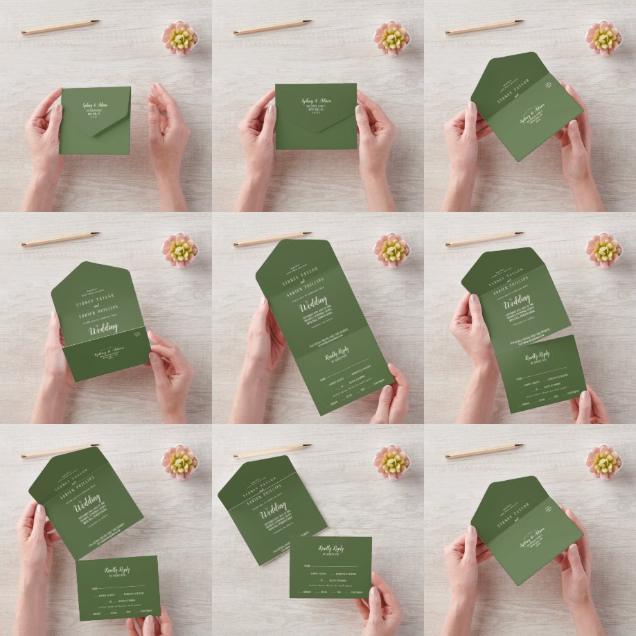 Simple Minimalist Dark Sage Wedding All In One Invitation