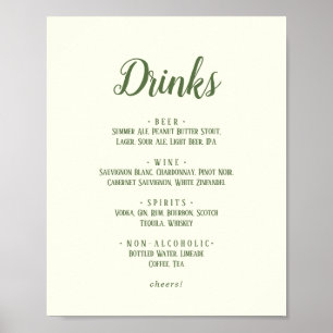 Simple Minimalist Dark Sage Wedding Drinks Menu Poster