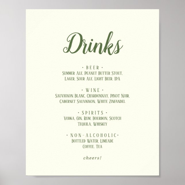 Simple Minimalist|Dark Sage Wedding Drinks Menu Poster (Front)