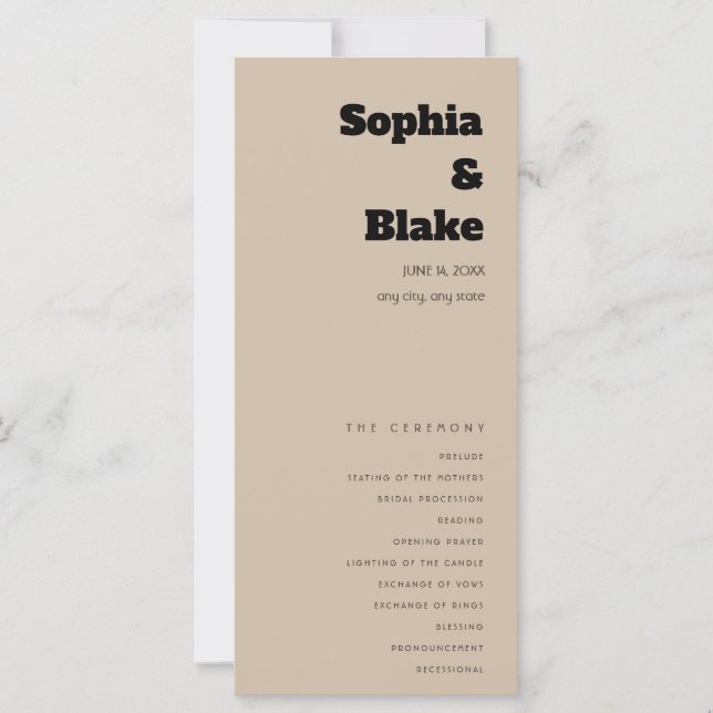 Simple Minimalist Dark Vanilla Wedding Program (Front)