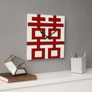 Simple Minimalist Double Happiness Chinese Wedding Square Wall Clock