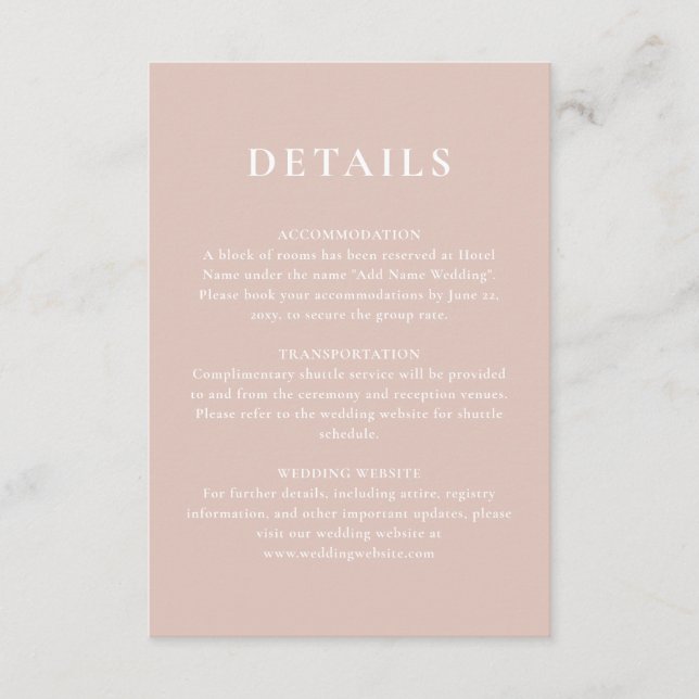 Simple Minimalist Dusty Pink Blush Wedding Details Enclosure Card (Front)