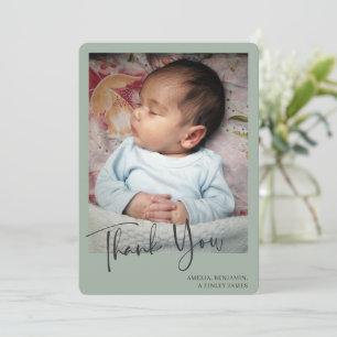 Simple Minimalist Dusty Sage Green Newborn Photo Thank You Card