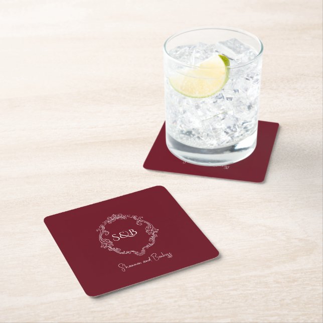 Simple Minimalist elegant burgundy monogram Square Paper Coaster (Insitu)