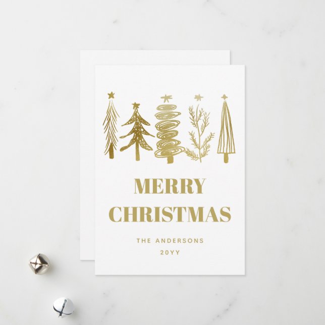 Simple Minimalist Elegant Gold Christmas Trees Holiday Card (Front/Back In Situ)