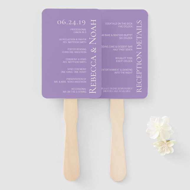 Simple Minimalist Elegant Lavender Text Wedding Hand Fan (Front and Back)