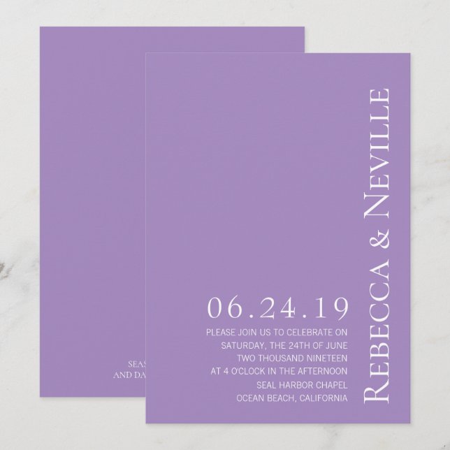 Simple Minimalist Elegant Lavender Text Wedding Invitation (Front/Back)