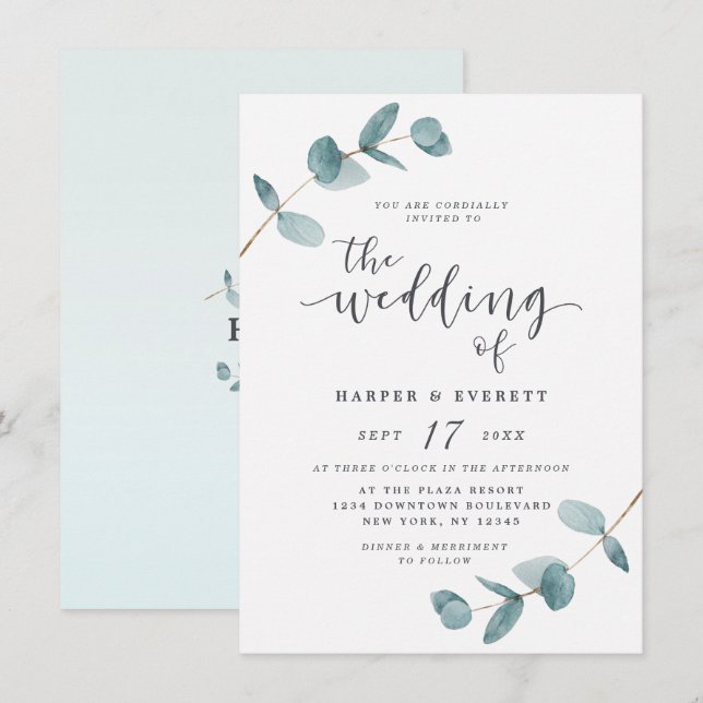 Simple Minimalist Eucalyptus Calligraphy Wedding Invitation (Front/Back)