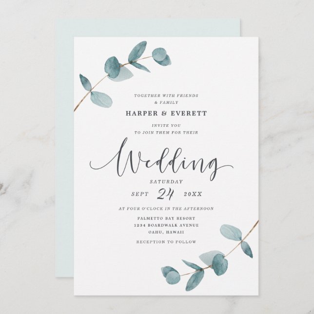 Simple Minimalist Eucalyptus Frame Script Wedding Invitation (Front/Back)