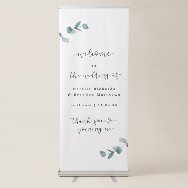 Simple Minimalist Eucalyptus Frame Wedding Welcome Retractable Banner (Front)