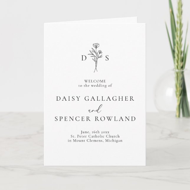 Simple Minimalist Floral Monogram Folded Wedding Programme (Front)