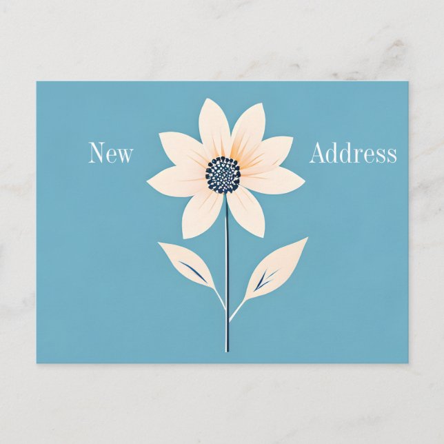 Simple Minimalist Flower on Blue New Address Announcement Postcard (Front)