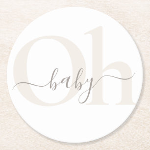 Simple Minimalist Gender Neutral Oh Baby Shower Round Paper Coaster
