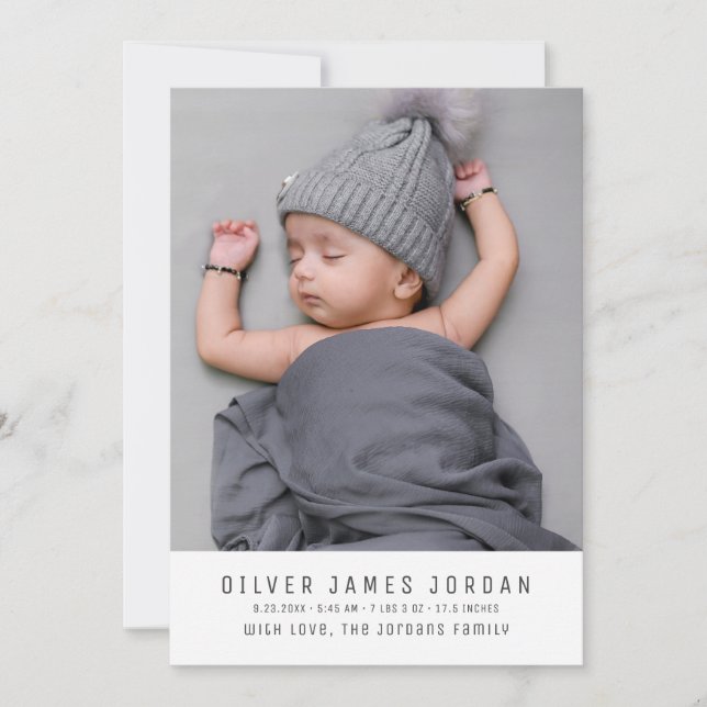 Simple Minimalist Gender Neutral Photo Baby Birth Announcement (Front)