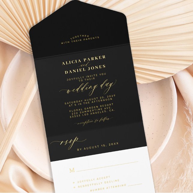 Simple minimalist gold black foil wedding  all in one invitation (Creator Uploaded)