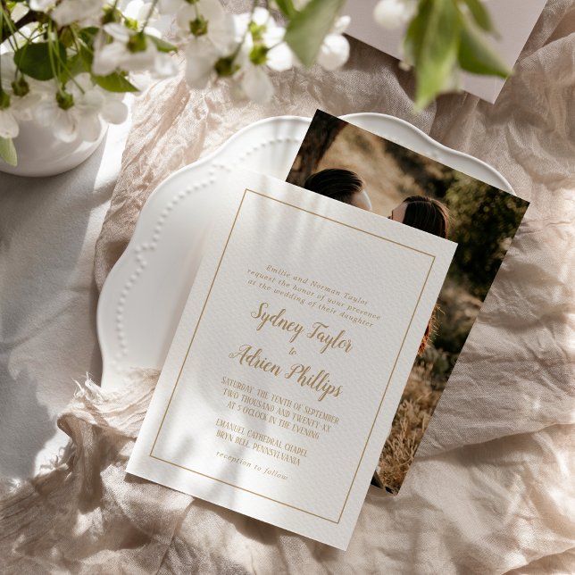 Simple Minimalist|Gold Photo Formal Frame Wedding Invitation (Creator Uploaded)