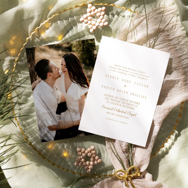Simple Minimalist|Gold Photo Traditional Wedding Invitation (Creator Uploaded)