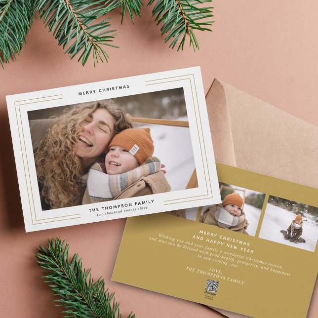 Simple Minimalist Gold Square Border Photo Collage Holiday Card (Creator Uploaded)