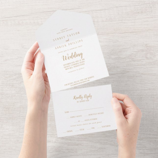 Simple Minimalist|Gold Wedding All In One Invitation (Tearaway)
