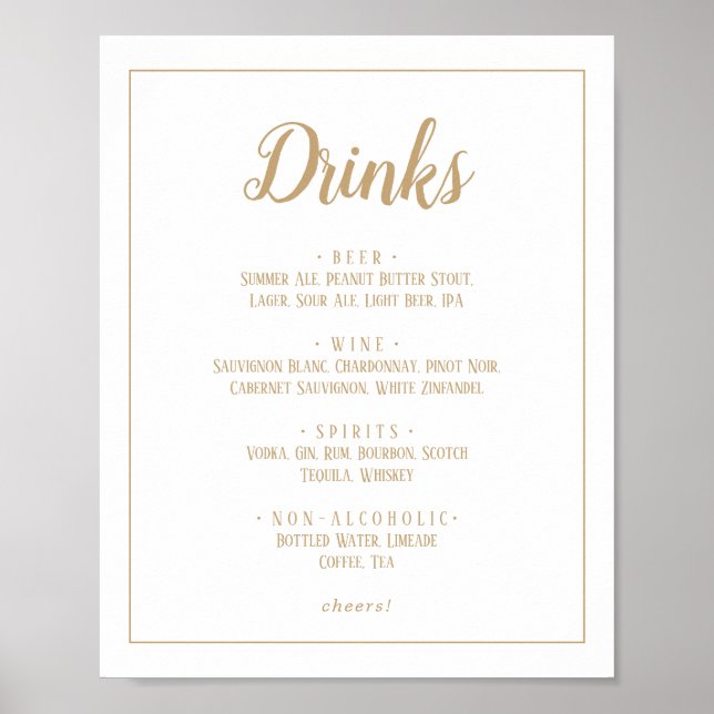 Simple Minimalist|Gold Wedding Drinks Menu Frame  Poster (Front)