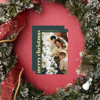 Simple Minimalist Green Merry Christmas Photo Foil Holiday Card