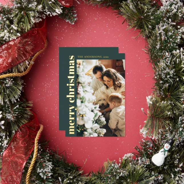 Simple Minimalist Green Merry Christmas Photo Foil Holiday Card (Insitu)
