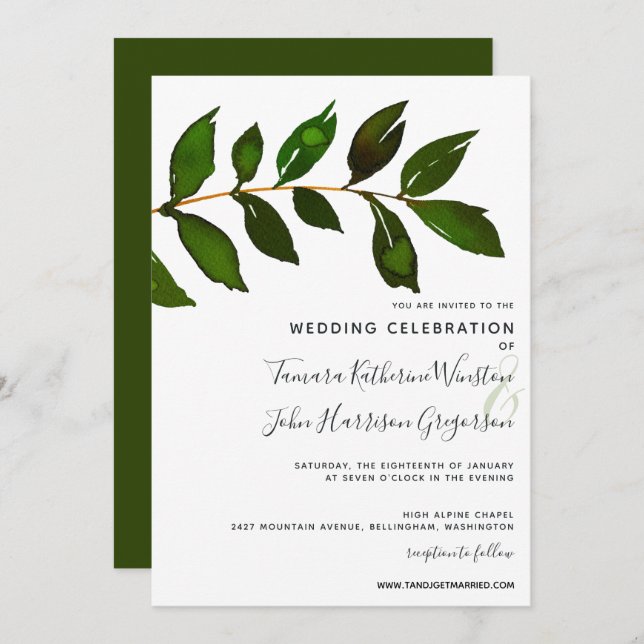 Simple Minimalist Greenery Foliage Elegant Wedding Invitation (Front/Back)