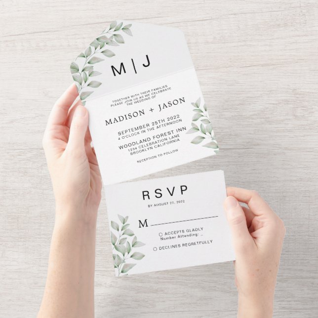 Simple Minimalist Greenery Monogram Wedding All In All In One Invitation (Tearaway)
