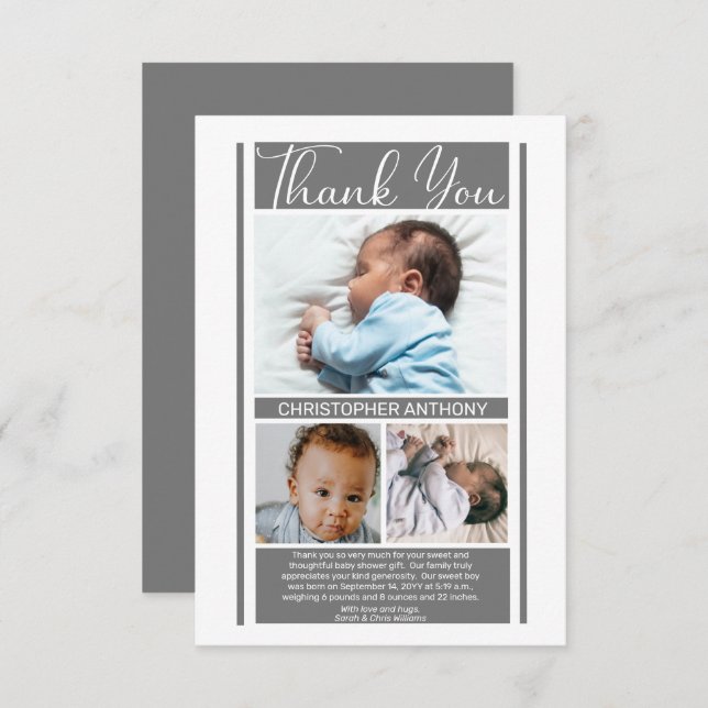Simple Minimalist Grey Baby Shower Boy Thank You (Front/Back)