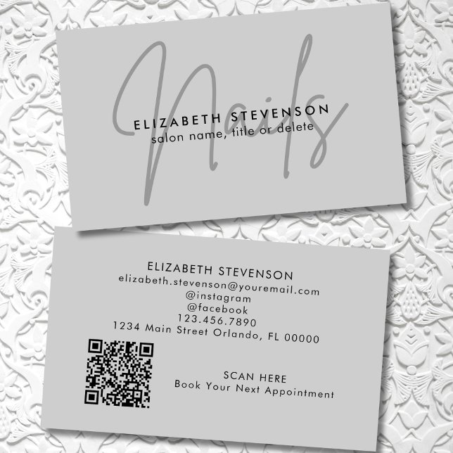 Simple Minimalist Grey Script Nail Artist QR Code Business Card (Creator Uploaded)