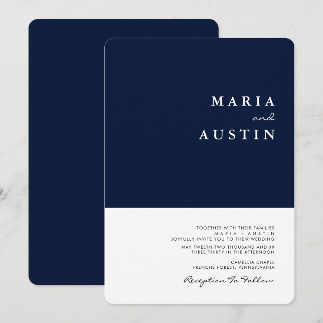 Simple Minimalist Half Navy Blue White Wedding Invitation (Front/Back)