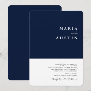 Simple Minimalist Half Navy Blue White Wedding Invitation