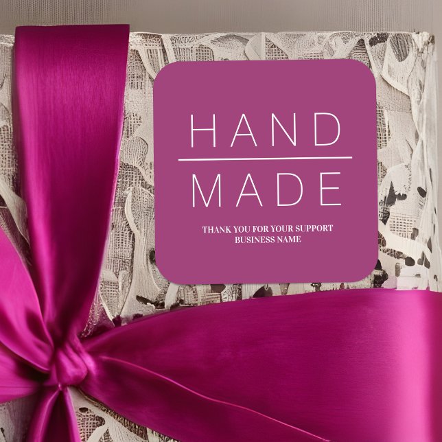 Simple Minimalist Handmade Business Support Square Sticker (Simple Minimalist Handmade Magenta Business Support Square Sticker. )