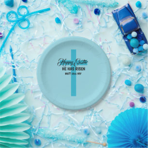 Simple Minimalist Happy Easter Light Blue Cross Paper Plate