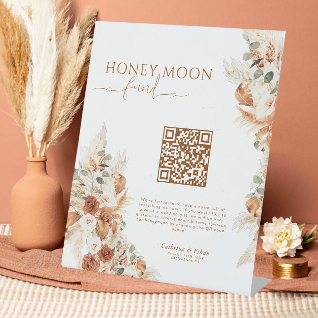 Simple Minimalist Honeymoon Fund Wedding QR Code  Pedestal Sign (Creator Uploaded)
