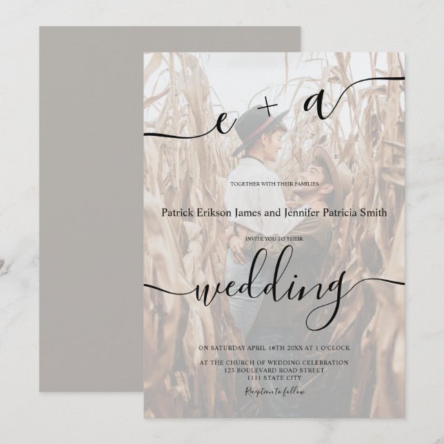 Simple minimalist initials script photo wedding invitation (Front/Back)