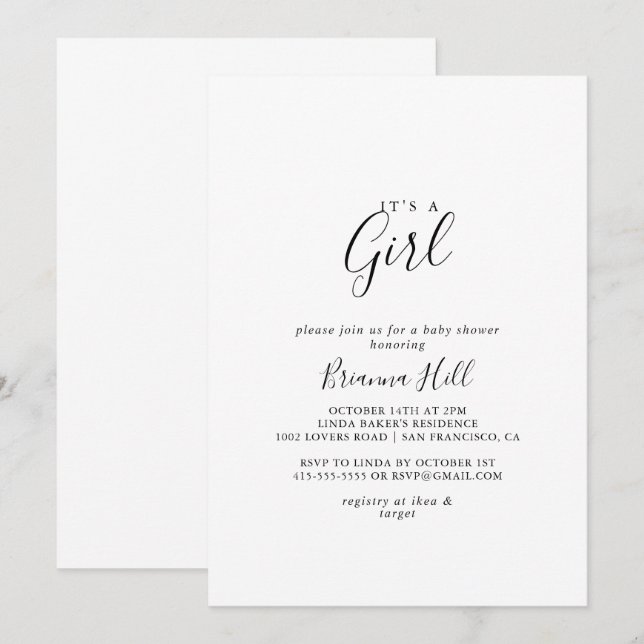 Simple Minimalist It's A Girl Baby Shower Invitation (Front/Back)
