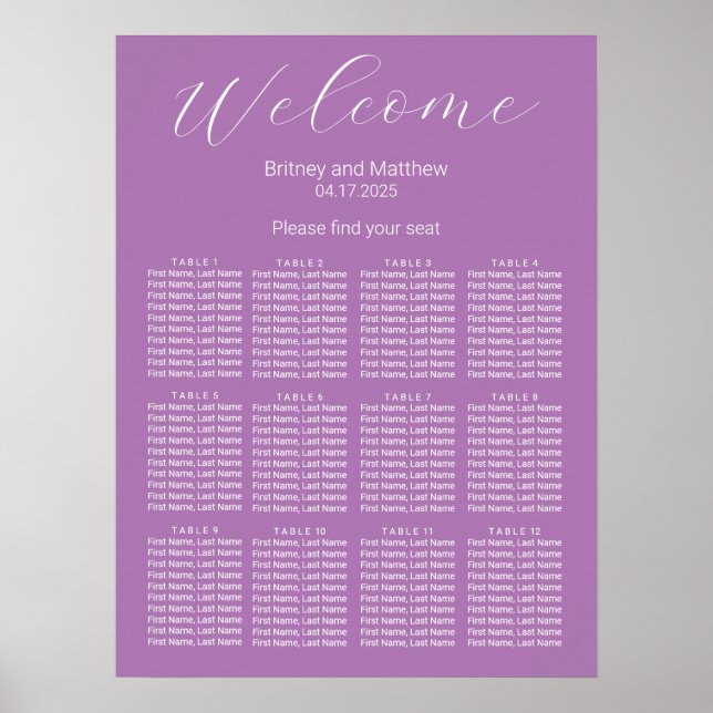 Simple Minimalist Lavender Wedding Seating Chart (Front)