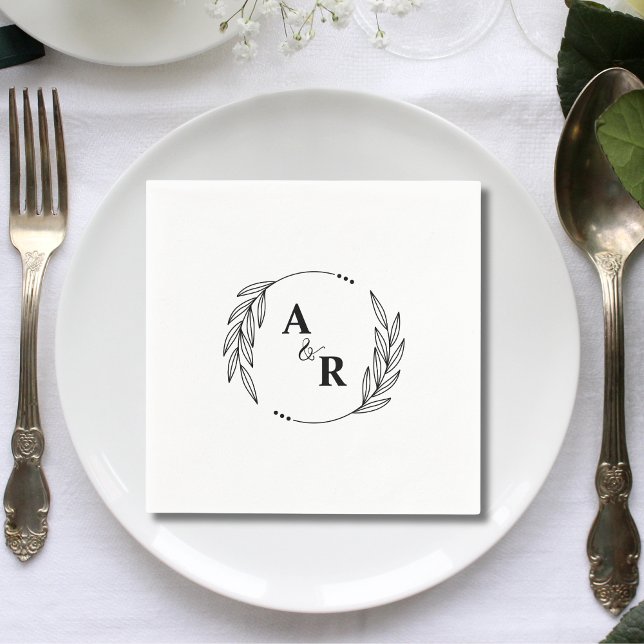 Simple Minimalist Leaf Couple Initials Wedding Napkin (Creator Uploaded)