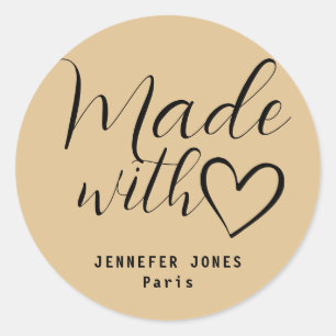 Simple Minimalist Light Brown Made With Love Heart Classic Round Sticker