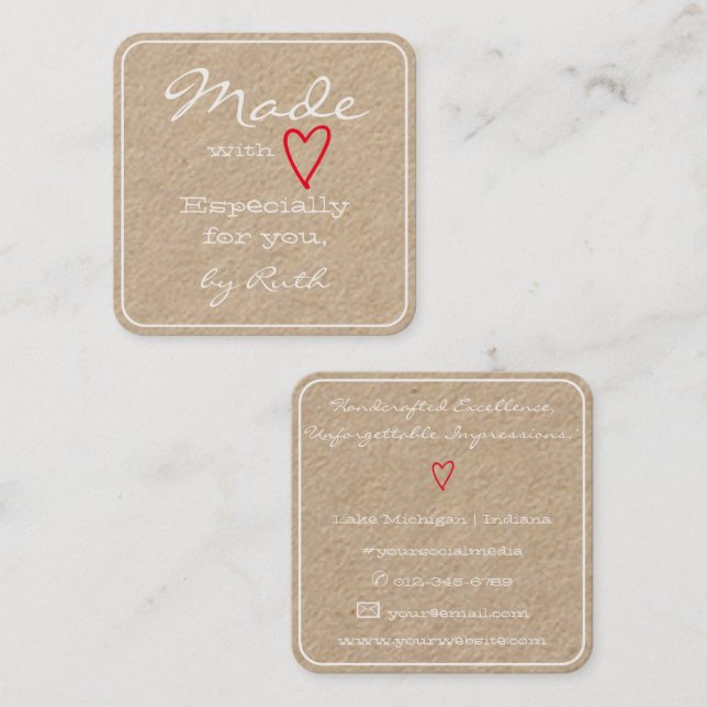 Simple Minimalist Made with Love Red Heart Brown Square Business Card (Front/Back)