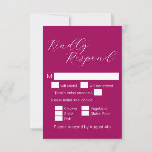 Simple Minimalist Magenta Meal Choice Wedding RSVP Card