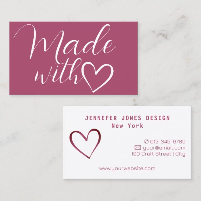 Simple Minimalist Mauve Pink Made With Love Heart Business Card (Front/Back)