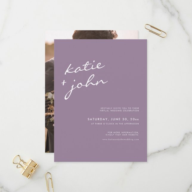 Simple Minimalist Mauve Purple Virtual Wedding Invitation Postcard (Front/Back In Situ)