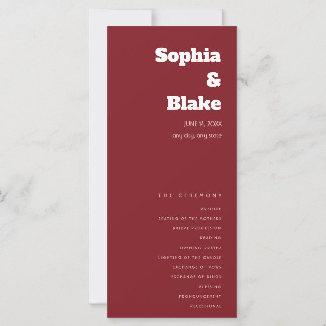 Simple Minimalist Merlot Wedding Program (Front)