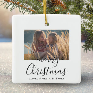 Simple Minimalist Merry Christmas Script Photo  Ceramic Ornament