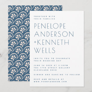 Simple Minimalist Modern Blue Floral Wedding Invitation